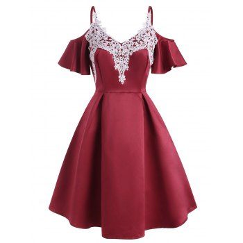 

Guipure Lace Applique Butterfly Sleeve Open Shoulder Dress, Red