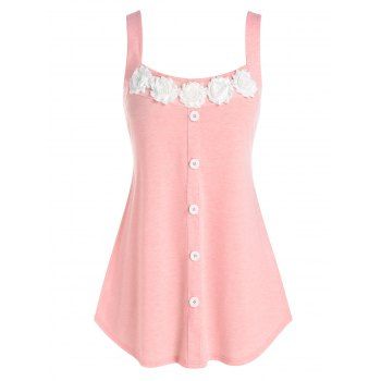 

Plus Size Flower Embellished Buttoned Tunic Tank Top, Light pink