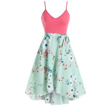 

Flower Print Irregular A Line Midi Cami Dress Cottagecore Side Bowknot Overlap Sundress, Light green