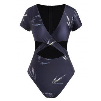 

Leaf Print Criss Cross Cutout Short Sleeve One-piece Swimsuit, Black