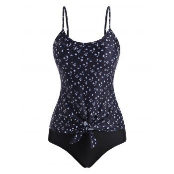 

Ditsy Floral Knotted Contrast Tankini Swimwear, Black