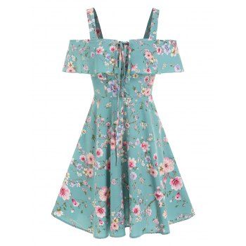 

Floral Print A Line Mini Dress Cottagecore Cold Shoulder Lace Up Ruffle Vacation Dress, Light blue