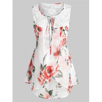 

Plus Size Sleeveless Lace Insert Floral Print Blouse, White
