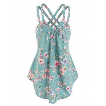 

Floral Print Criss-cross Curved Hem Tank Top, Light blue