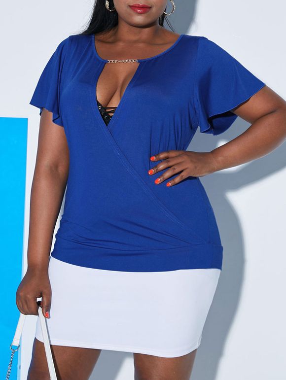 T-shirt Cache-Cœur Découpé avec Chaîne Grande Taille - Bleu 1X