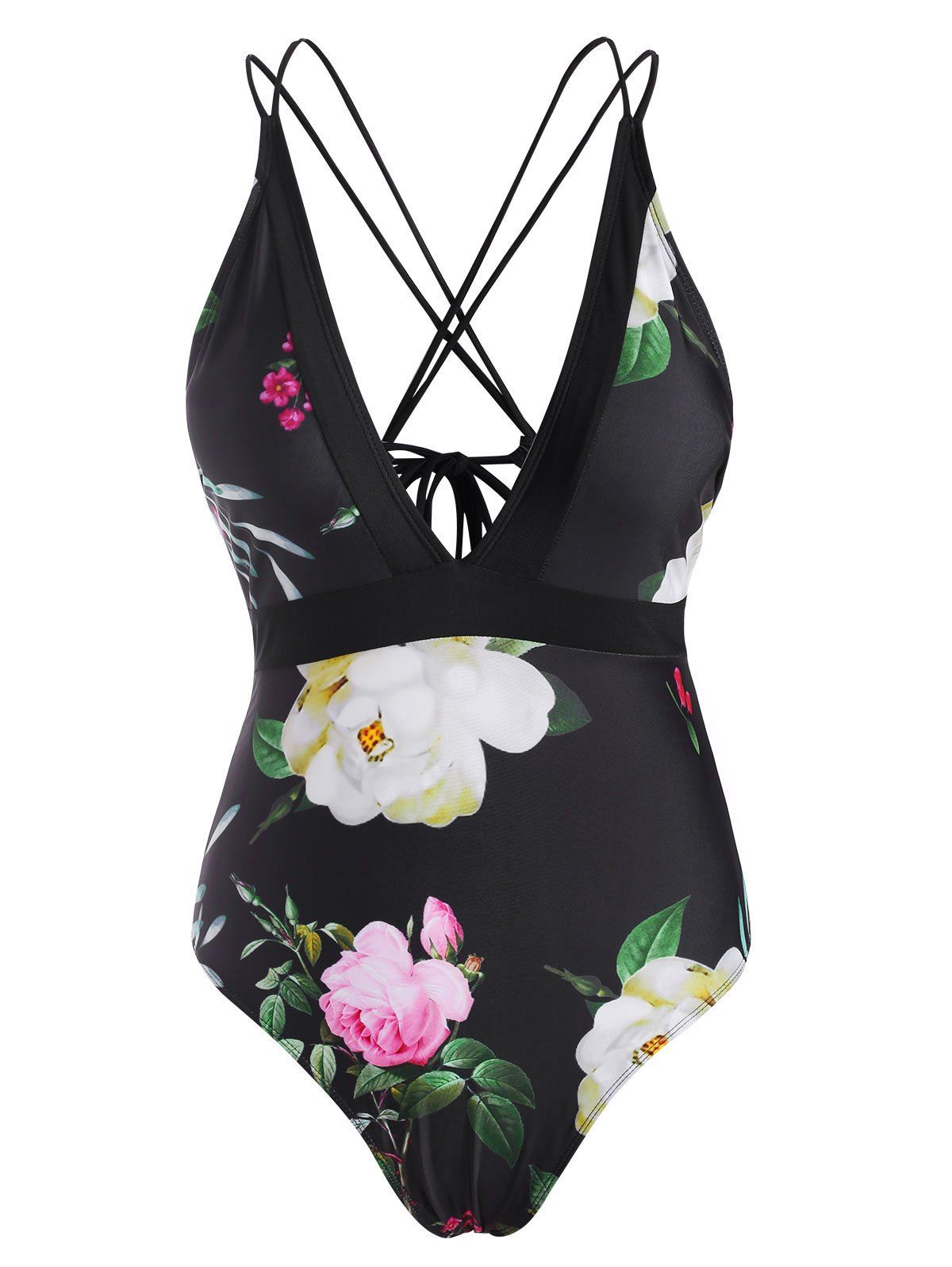 Strappy Lace Up Criss Cross Floral One-piece Swimsuit - BLACK M