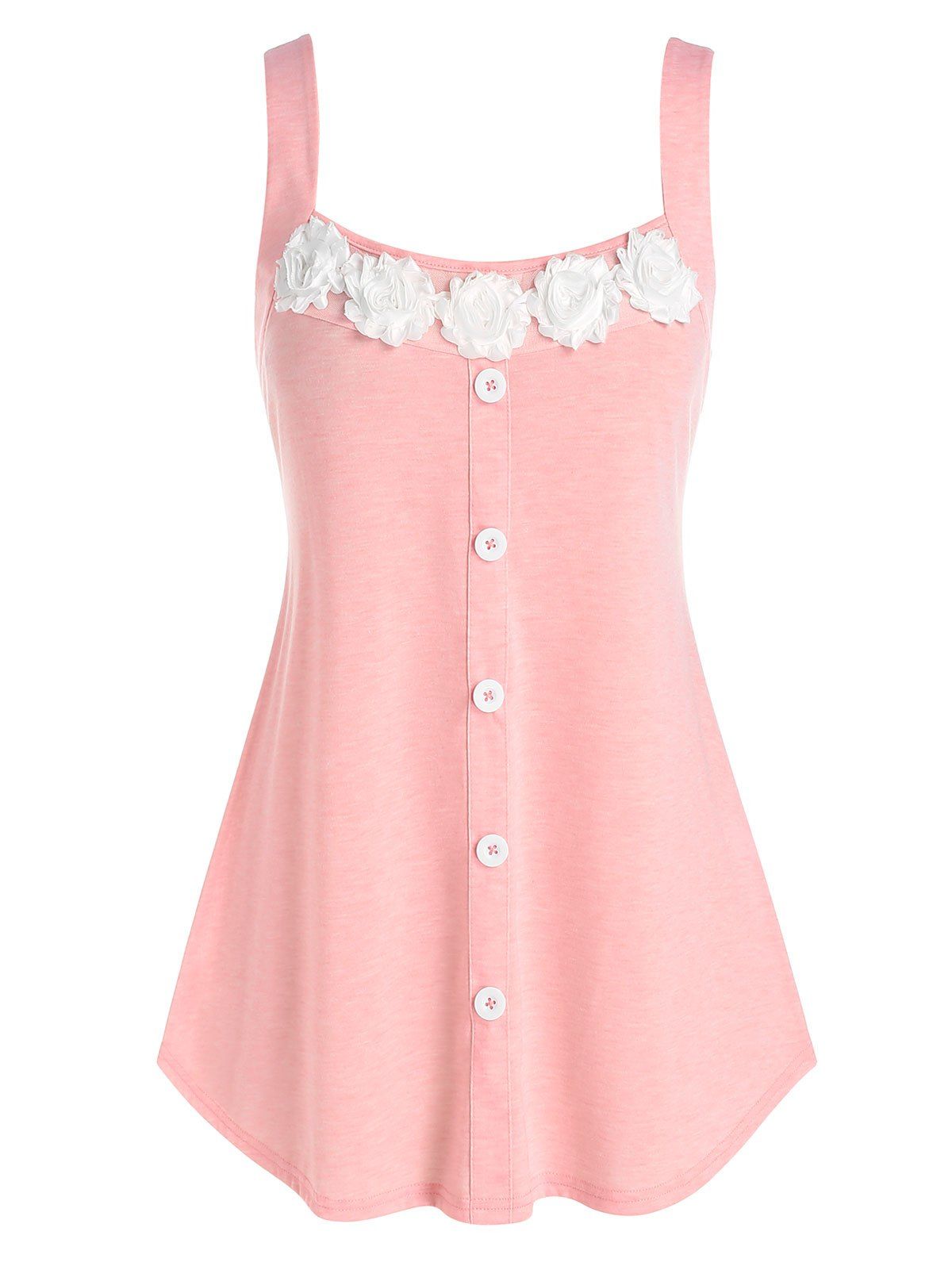 Plus Size Flower Embellished Buttoned Tunic Tank Top - LIGHT PINK 4X