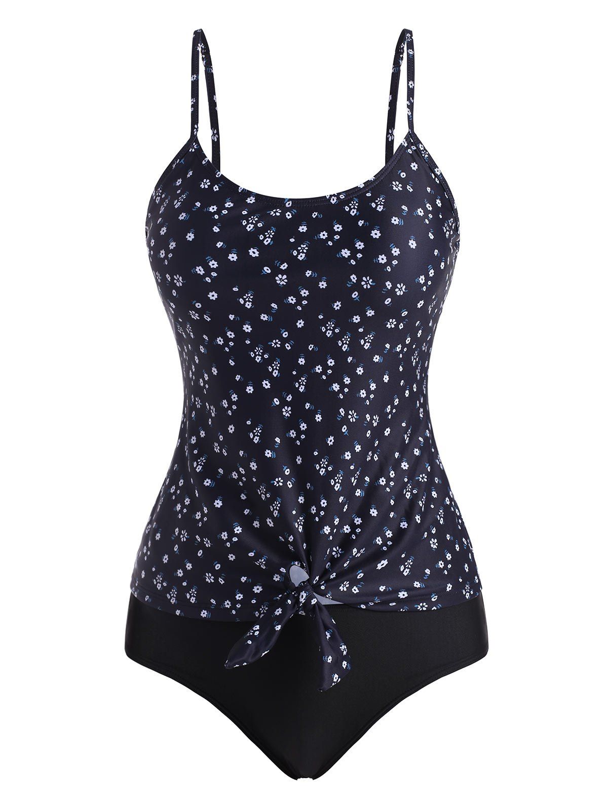 Ditsy Floral Knotted Contrast Tankini Swimwear - BLACK L