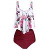 Tummy Control Floral Swimsuit Flounce Tankini High Waisted Ruched Swimwear Set - RED WINE XL