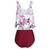Tummy Control Tankini Swimsuit Floral Print Swimwear Flounce High Waisted Ruched Summer Beach Bathing Suit - RED WINE S