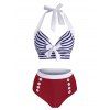 Maillot de Bain Tankini Rayé Vintage Gainant Noué avec Faux Bouton à Col Halter - Bleu profond M