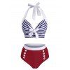 Vintage Tankini Swimsuit Stripe Print Bathing Suit Bowknot Mock Button Halter Tummy Control Swimwear - DEEP BLUE S