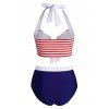 Maillot de Bain Tankini Rayé Vintage Gainant Noué avec Faux Bouton à Col Halter - Rouge S