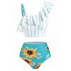 Tummy Control Tankini Swimsuit Floral Swimwear Sunflower Flounce Striped Ruched Summer Beach Bathing Suit - SEA GREEN L