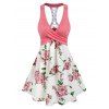 Mini Robe d'Eté Croisée à Imprimé Fleur sans Manches à Lacets à Col Plongeant - Rose clair L