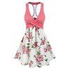 Sleeveless Lace-up Flower Print Crossover Dress - LIGHT PINK XXL