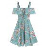 Robe à Imprimé Fleurie de Cottagecore à Epaule Dénudée à Lacets de Vacances à Lacets en Ligne A - Bleu clair L