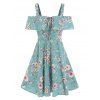 Floral Print A Line Mini Dress Cottagecore Cold Shoulder Lace Up Ruffle Vacation Dress - LIGHT BLUE XXXL