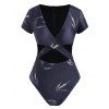 Leaf Print Criss Cross Cutout Short Sleeve One-piece Swimsuit - BLACK XL
