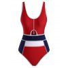 Binding Color Blocking High Cut Topstitch One-piece Swimsuit - multicolor XL