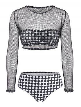 Checkered Fishnet Bandeau Three Piece Bikini Swimwear