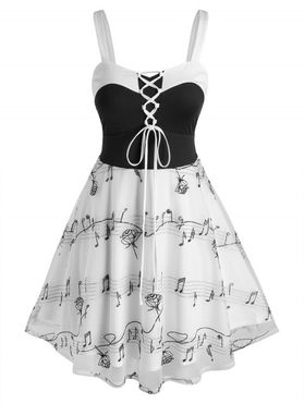 Plus Size Lace Up Musical Notes Embroidery Dress