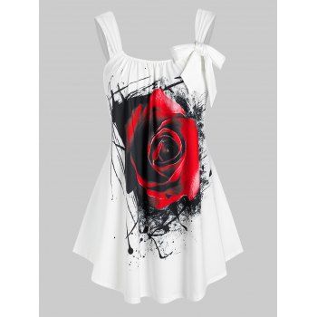 

Plus Size Rose Print Bowknot Tank Top, White