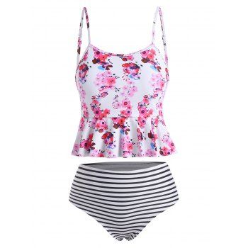 

Striped Flower Peplum Flounce Lattice Tankini Swimwear, Multicolor