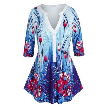 

Plus Size Half Button Floral Print T-shirt, Blue