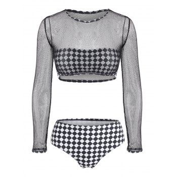 

Checkered Fishnet Bandeau Three Piece Bikini Swimwear, Black
