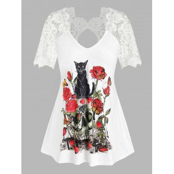 

Plus Size Lace Insert Cutout Floral Skull Print Tee, White