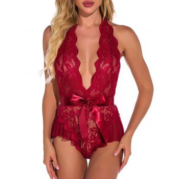 

Halter Ribbon Tie Ruffle Lace Teddy, Red