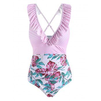 

Ruffle Striped Flower Leaf Criss Cross One-piece Swimsuit, Light pink