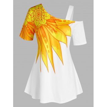 

Plus Size Skew Neck Sunflower Print Tee, White