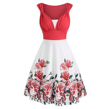 

Flower Print Colorblock Knotted Sleeveless Dress, Light pink
