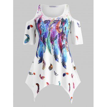 

Plus Size Feather Musical Notes Open Shoulder Asymmetrical Tee, White