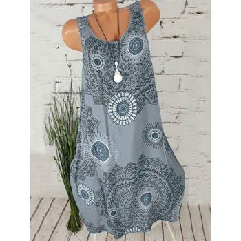 

Guipure Lace Panel Ethnic Printed Trapeze Dress, Gray