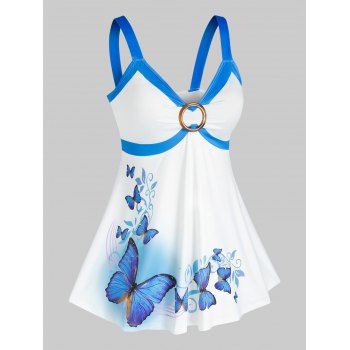 

Plus Size O Ring Butterfly Print Tank Top, Light blue