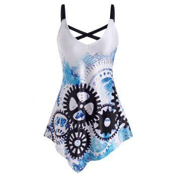 

Criss Cross Gear Print Asymmetrical Hem Tank Top, Black