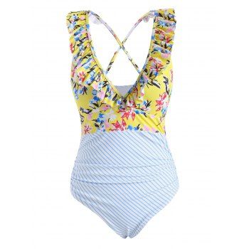 

Ruffle Striped Flower Leaf Criss Cross One-piece Swimsuit, Light blue