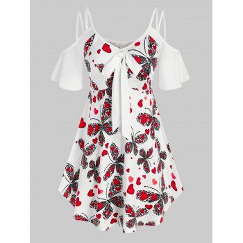 

Plus Size Butterfly Heart Print Open Shoulder Knot Tunic Tee, White