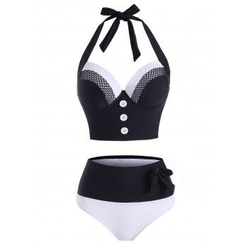 

Fishnet Insert Colorblock Halter Buttoned Moulded Tankini Swimwear, Black