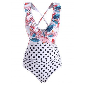 

Ruffle Polka Dot Flower Criss Cross One-piece Swimsuit, Multicolor
