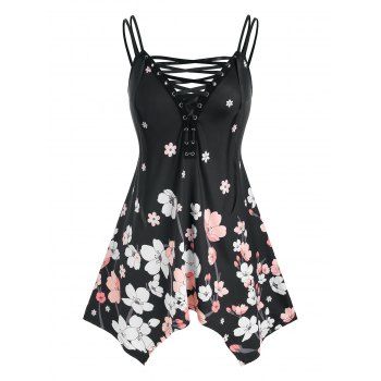 

Plus Size Lace-up Flower Print Hanky Hem Tunic Cami Top, Black