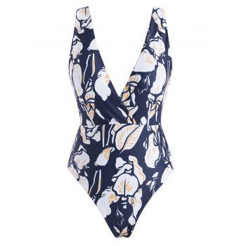

Flower Print Backless Surplice One-piece Swimsuit, Multicolor