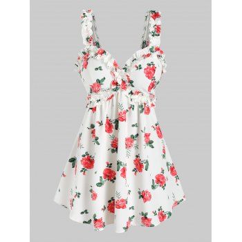 

Bohemian Floral Print Frilled Empire Waist Tank Top, Light pink