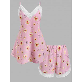 Cheap Women Plus Size Lace Panel Floral Print Shorts Pajamas Set Clothing Online L Light pink