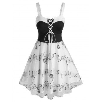 

Plus Size Lace Up Musical Notes Embroidery Dress, White