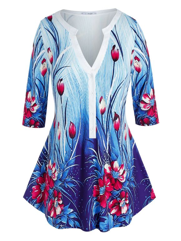 T-shirt Imprimé Fleuri à Demi-Bouton de Grande Taille - Bleu L