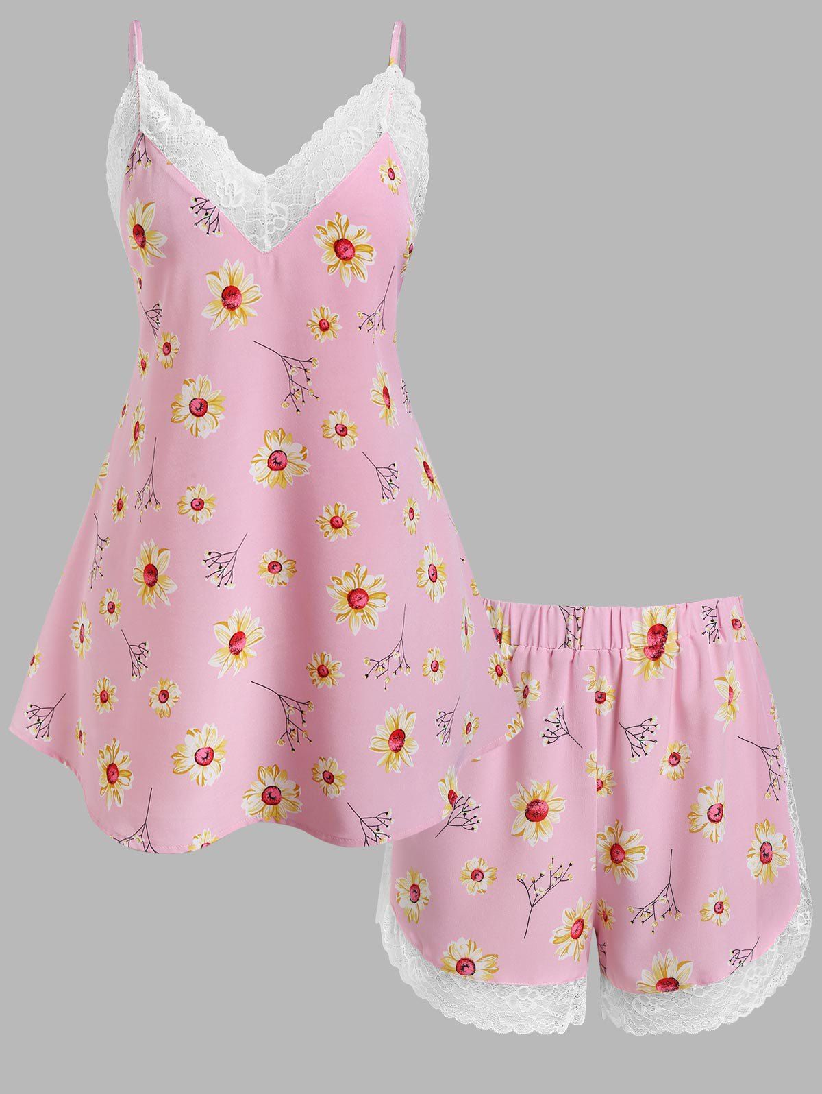 Ensemble de Pyjama Short à Imprimé Fleuri Panneau en Dentelle de Grande Taille - Rose clair 2X